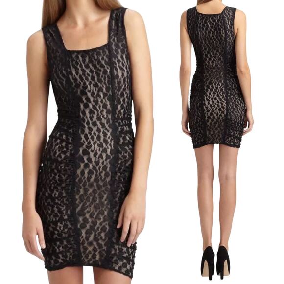 BCBGMAXAZRIA Renee Mini Dress Bodycon Ruched Leopard Print Mesh Lace Black M - Picture 1 of 9